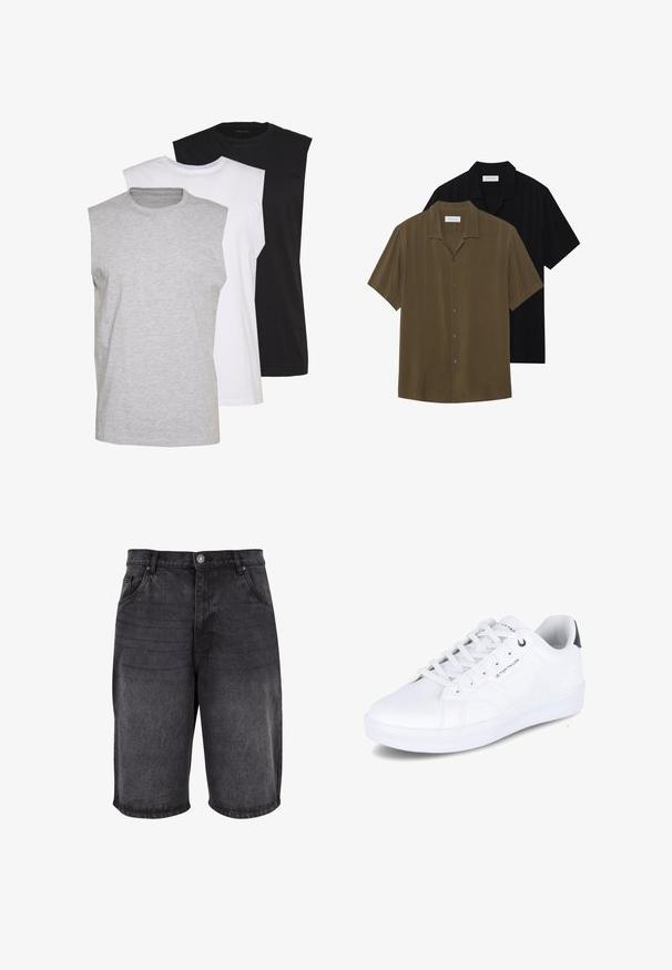 Trois t-shirts sans manches en gris, blanc et noir. Tissu en coton doux avec un col rond et une coupe décontractée. Design simple, sans motifs.; Chemises à manches courtes avec boutons en vert olive et noir, dotées d'un tissu lisse, d'un ourlet droit et d'un col pointu avec un léger éclat.; Shorts en denim noir avec une coupe décontractée, un design à cinq poches et une fermeture à bouton. Le tissu a une texture lisse avec un léger dégradé.; Baskets blanches, en matériau synthétique lisse, design bas, bout rond, six œillets, détail de logo sur le côté, accent de talon sombre contrastant.