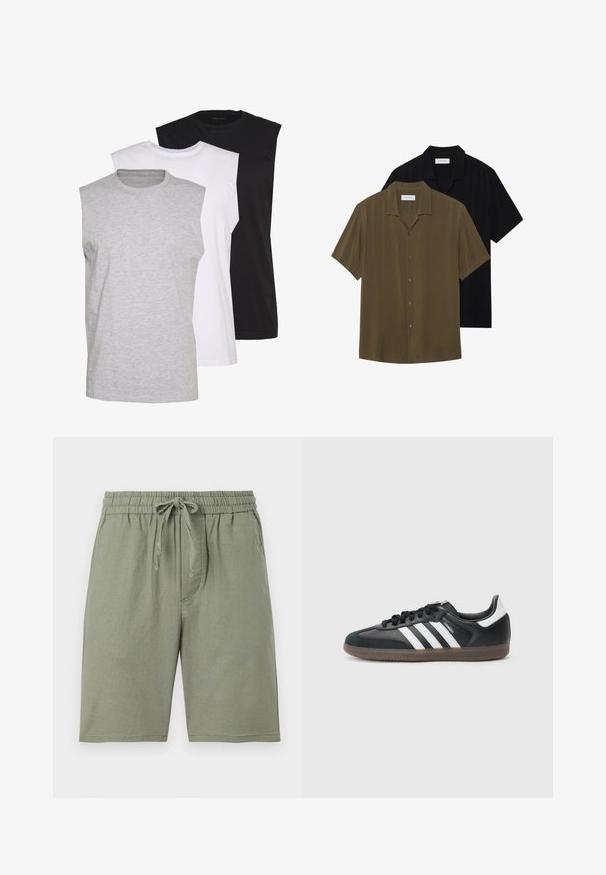 Three sleeveless t-shirts in gray, white, and black. Soft cotton material with a crew neck and relaxed fit. Simple design, no patterns.; Short-sleeve button-up shirts in olive green and black, featuring a smooth fabric, straight hem, and pointed collar with subtle sheen.; Light green cotton shorts with an elastic waistband and adjustable drawstring. Features side pockets and a knee-length cut.; Black synthetic upper sneaker with white three-stripe design, textured grip sole, and black laces. Low-cut athletic style.