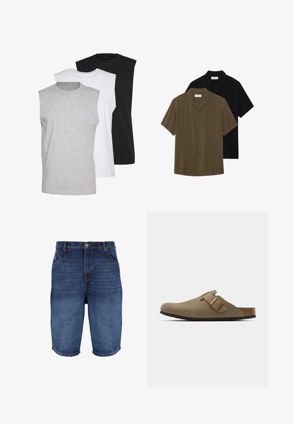 Kolm ilma varrukat särk hallis, valges ja mustas värvios. Pehme puuvillane materjal, ümar kaelus ja mugav lõige. Lihtne disain, ilma mustriteta.; Lühikeste varrukatega nööpidega särk oliivirohelises ja mustas värvitoonis, millel on sile kangas, sirge alläär ja terav krae, millel on õrn sära.; Tumedatest sinises denimist lühikesed püksid, millel on tuhm viimistlus. Omab viit taskut, ees nupuga sulgemist ja õmblustega detailid pitsides.; Pruunid puukingad siledast mattviimistlusest. Külgedel on silmnähtav pronksist pandla. Kork sisetald ja kummist väljatalla mugavuse tagamiseks.