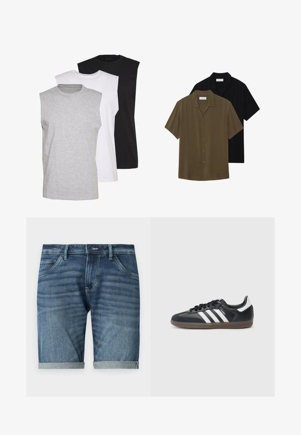 Három ujjatlan póló szürke, fehér és fekete színben. Puha pamut anyag, kerek nyakkivágással és laza szabással. Egyszerű dizájn, minta nélkül.; Olíva zöld és fekete színű, rövid ujjú ingek, sima anyaggal, egyenes szegéllyel és diszkrét fényű, hegyes gallérral.; Sötétkék farmer rövidnadrág, enyhén kopott mosással. Rolled hems, öt zsebes kialakítás és elülső gombos záródás jellemzi.; Fekete szintetikus felsőrészű sneaker fehér háromcsíkos mintával, texturált tapadós talppal és fekete fűzőkkel. Alacsony szárú sportos stílus.