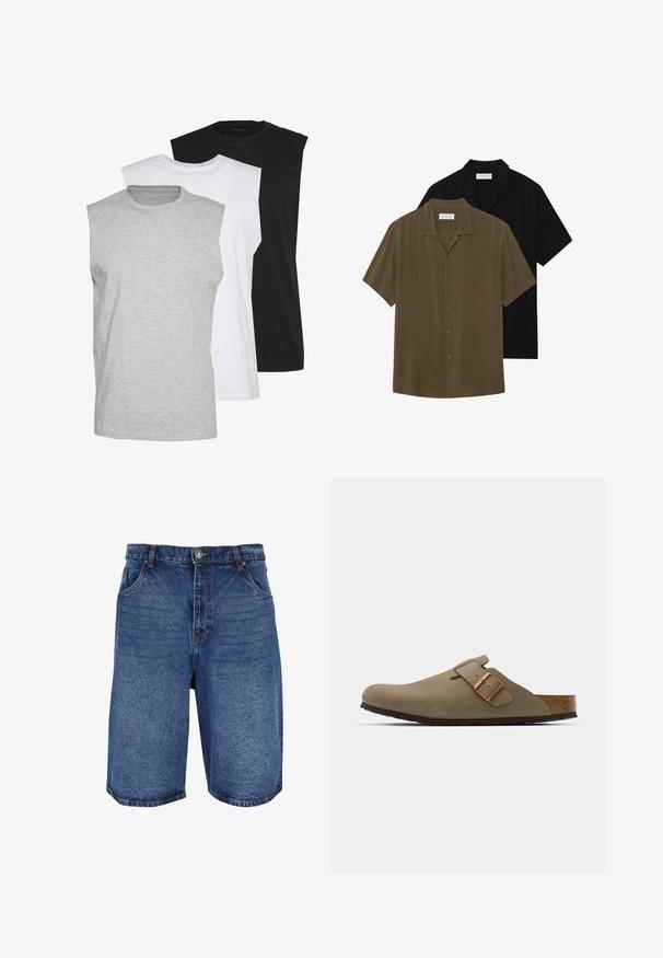 Három ujjatlan póló szürke, fehér és fekete színben. Puha pamut anyag, kerek nyakkivágással és laza szabással. Egyszerű dizájn, minta nélkül.; Olíva zöld és fekete színű, rövid ujjú ingek, sima anyaggal, egyenes szegéllyel és diszkrét fényű, hegyes gallérral.; Közép kék farmer rövidnadrág, klasszikus kivitelben, öt zsebbel, cipzáros elülső résszel és gombos zárással. Durva textúrájú és egyenes szabású.; Barna klumpák sima, matt felülettel. Az oldalon egy kiemelkedő bronz csat található. Parafa talpbetét és gumi talp a kényelem érdekében.