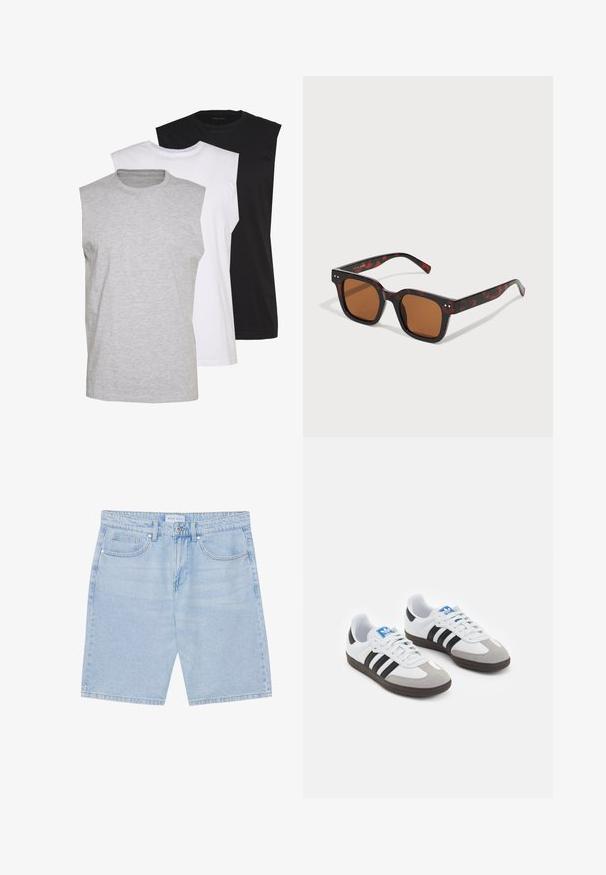 Tres camisetas sin mangas en gris, blanco y negro. Material de algodón suave con cuello redondo y corte relajado. Diseño simple, sin patrones.; Shorts de mezclilla azul claro con corte recto, que cuentan con bolsillos frontales, cierre de botón y un acabado desgastado. Diseño clásico de cinco bolsillos.; Zapatillas deportivas con parte superior de piel blanca, puntera de ante gris y tres rayas negras. Presentan un logo azul en la lengüeta y una suela de goma texturizada.; Gafas de sol carey con un marco cuadrado grueso, lentes marrones y sutiles acentos plateados en las patillas. Textura de plástico suave.