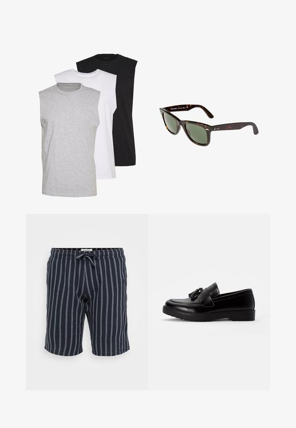 Trei tricouri fără mâneci, în culorile gri, alb și negru. Material moale din bumbac, cu guler rotund și croi lejer. Design simplu, fără modele.; Șorturi în dungi, de culoare albastru închis, confecționate dintr-un material ușor, având un curea elastică cu șnur și dungi verticale de culoare albastru deschis.; Mocasiini din piele neagră cu talpă plată, având o ciucure decorativ pe partea superioară și detalii cusute de-a lungul marginii.; Ochelari de soare Wayfarer cu cadru din plastic texturat de culoare tortoiseshell închis, lentile verzi și logo-ul Ray-Ban argintiu pe bradă.