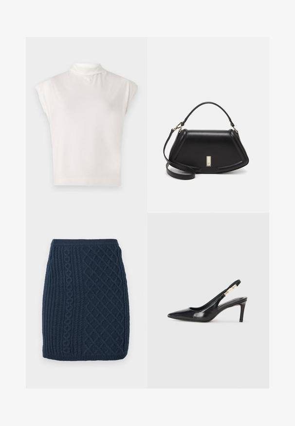 Top sans manches blanc en col roulé fabriqué dans un tissu doux, avec un design structuré, une texture lisse et un détail subtilement côtelé à l'ourlet.; Mini-jupe tricotée bleu marine avec des motifs en côtes et en torsades, présentant une finition texturée et une taille ajustée.; Chaussure à talon haut en cuir noir avec un bout pointu, texture lisse et uneFine bride de cheville avec des accents en métal doré.; Sac à main en cuir noir avec un design structuré, featuring une forme cropped, une poignée supérieure et des accents en matériel doré. Bandoulière réglable incluse.
