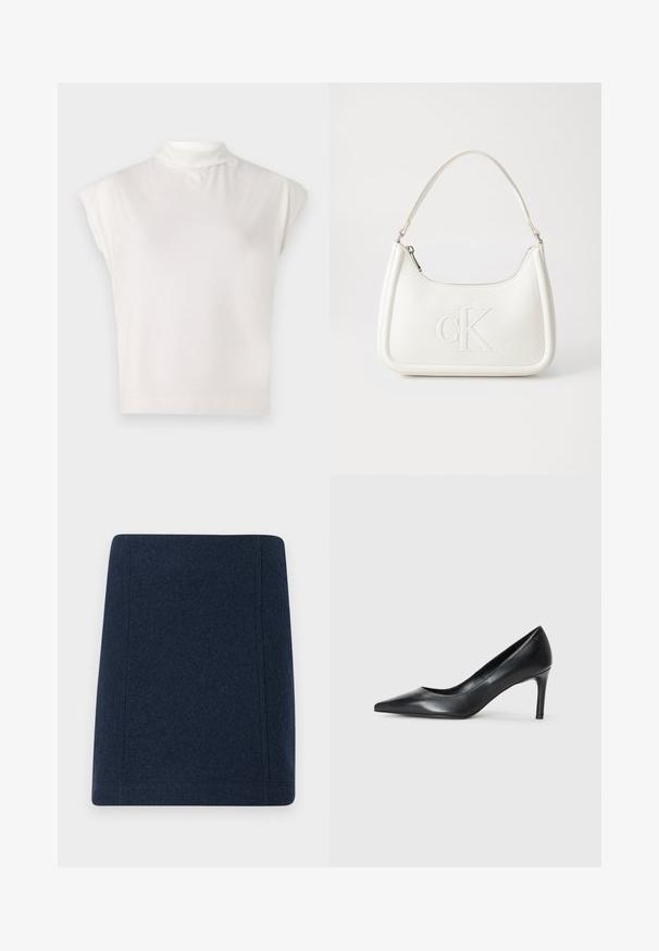 Bela brezrokavna turtlenecka majica iz mehke tkanine, s strukturiranim dizajnom in gladko teksturo ter subtilnimi rebrastimi detajli na robu.; Morska volnena mini krila s ravno obliko, ravnimi šivi in gladko teksturo. Niti vidni vzorci niti okrasni detajli.; Črne usnjene špicaste čevlje na peto z ozko peto, gladko teksturo in brez vidnih okrasnih detajlov. Čist dizajn z minimalistično estetiko.; Bela usnjena torbica s ukrivljeno obliko, ki na sprednji strani nosi vžgano logo "CK" in ima eno naramnico. Zadrga za zapiranje na vrhu.