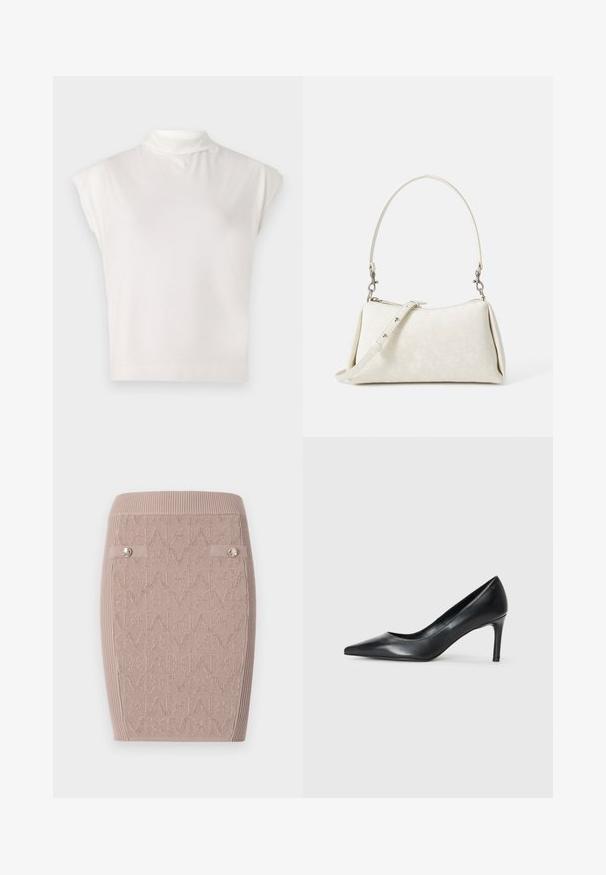 Hvit ermeløs høyhalset topp laget av myk stoff, med en strukturert design, glatt tekstur og subtile ribbede kanter.; Strikket blyantskjørt i lys beige med teksturert "M"-mønster, ribbestrikket midje og to sidespenner for detaljer.; Svarte lærpumps med spiss tå og slank hæl, jevn tekstur og uten synlige dekorasjoner. Rent design med en minimalistisk estetikk.; Hvit håndveske med glatt tekstur, buet silhuett og justerbar skulderrem. Har et subtilt logomønster og sølvfargede detaljer.