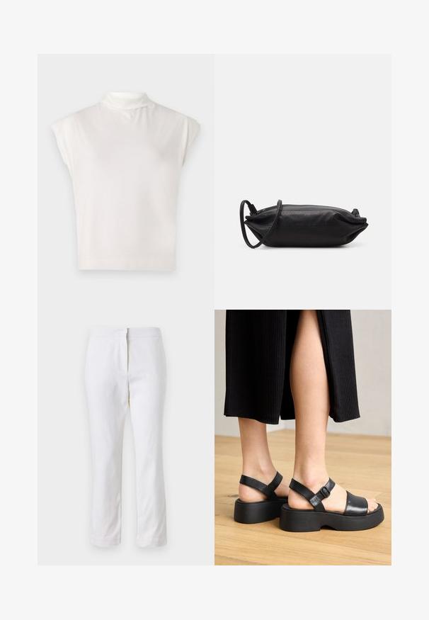 Valkoinen hihaton poolopaita, joka on valmistettu pehmeästä kankaasta. Paitaa koristaa rakenteellinen muotoilu, jossa on sileä pinta ja hillitty ribbaushelma.; Valkoiset puuvillahousut suoralla lahkeella, joissa on keskikorkea vyötärö ja ei näkyviä varusteita tai kuvioita. Ehjä pinta kauttaaltaan.; Musta nahkainen platform-sandaalit, joissa on säädettävät nilkkahihnat ja leveät etupanssarit, jotka sisältävät teksturoituihin pohjiin ja minimalistiseen muotoiluun.; Musta nahkainen kukkaro, jossa on suorakaiteen muoto, sileä pinta, ohut olkahihna ja minimalistinen muotoilu.