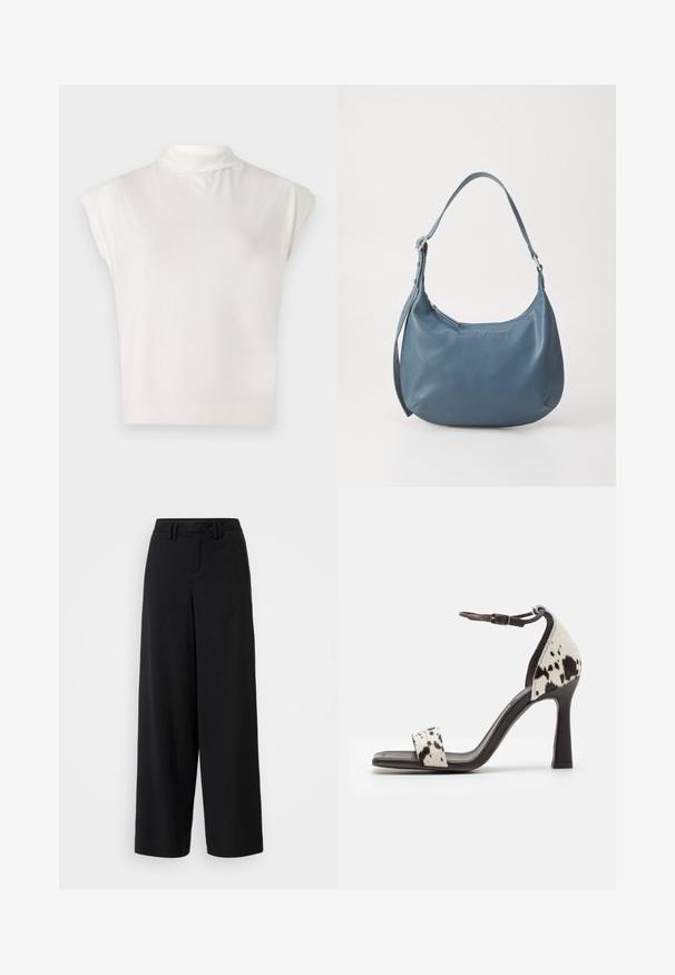 Hvit ermeløs høyhalset topp laget av myk stoff, med en strukturert design, glatt tekstur og subtile ribbede kanter.; Sorte brede bukser laget av glatt stoff, med flat frontdesign, plisserte detaljer og beltehemper i midjen.; Samsøe Samsøe SALYLO - Sandaler med høye hæler - brown; Blå lærveske med rund form, enkel skulderreim, glidelås-lukking og preget merkenavn på forsiden. Glatt tekstur.