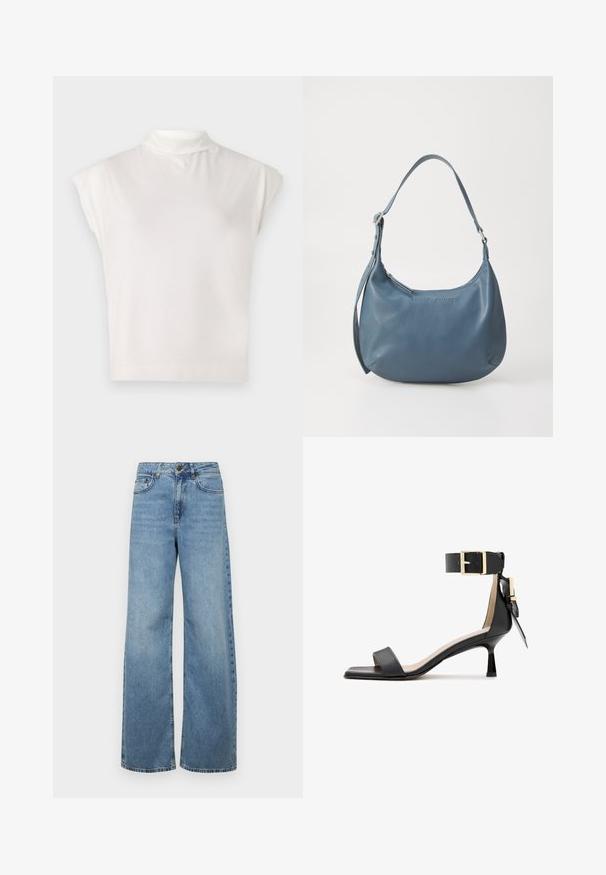 Top alb, fără mâneci, cu guler înalt, fabricat dintr-un material moale, având un design structurat, cu o textură netedă și detalii subtile cu nervuri la margine.; Jeans largi de culoare albastru deschis, din denim, cu talie înaltă, buzunare frontale și un design clasic cu cinci buzunare, având o decolorare subtilă.; Sandale negre din piele cu toc înalt, degetul pătrat, curea pentru glezne cu o bătăi de aur și toc subțire. Textură netedă, design minimalist.; Geantă de umăr din piele albastră, cu o formă rotunjită, bretea unică, închidere cu fermoar și numele brandului embosat pe față. Textură netedă.