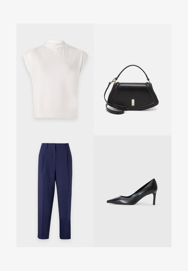 Witte mouwloze coltrui gemaakt van zacht materiaal, met een gestructureerd ontwerp, een gladde textuur en subtiele geribbelde zoomdetails.; Marineblauwe broek met een op maat gemaakte snit. Kenmerkt zich door voorplooien, een gladde textuur en een rechte pijp. Geen zichtbare zakken of versieringen.; Zwarte leren pump met spitse neus en een slanke hak, gladde textuur en geen zichtbare versieringen. Schoon ontwerp met een minimalistische esthetiek.; Zwarte leren handtas met een gestructureerd ontwerp, featuring een verkorte vorm, bovenhandvat en gouden hardwareaccent. Inclusief verstelbare schouderband.
