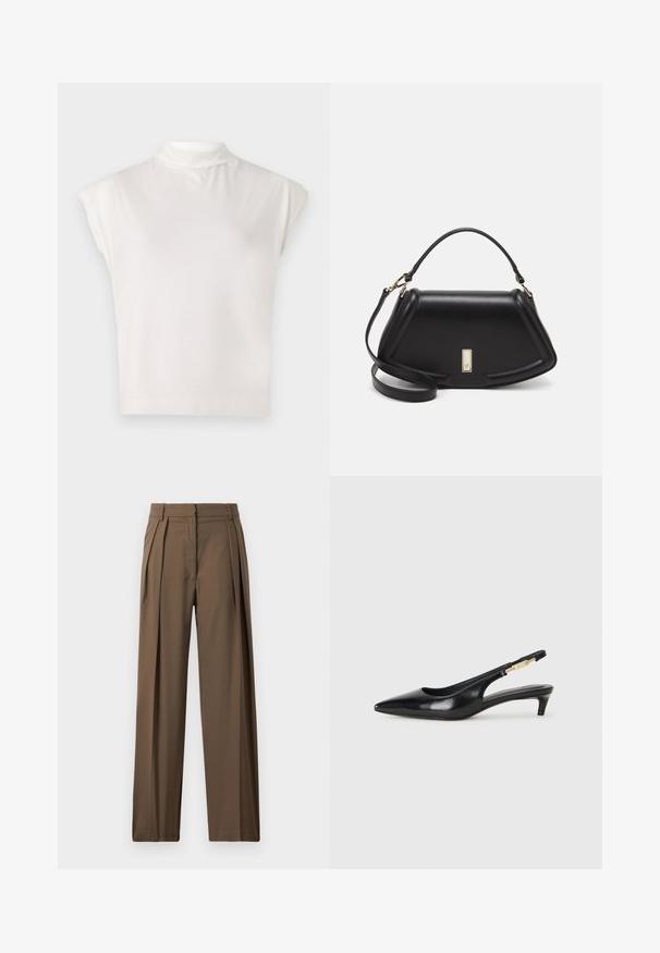Biały bezrękawnik z golfem wykonany z miękkiego materiału, charakteryzujący się nowoczesnym krojem, gładką fakturą i delikatnym detalem w postaci prążkowanego wykończenia.; Brązowe, szerokie spodnie wykonane z gładkiej tkaniny, z przeszyciami z przodu i dopasowanym pasem, co nadaje im zorganizowany wygląd.; Czarne skórzane szpilki typu slingback z ostrym noskiem, posiadające smukły obcas i złoty akcent na regulowanym pasku. Gładka tekstura.; Czarna skórzana torebka o strukturalnym designie, z przyciętą formą, górnym uchwytem i złotymi akcentami. W zestawie regulowany pasek na ramię.