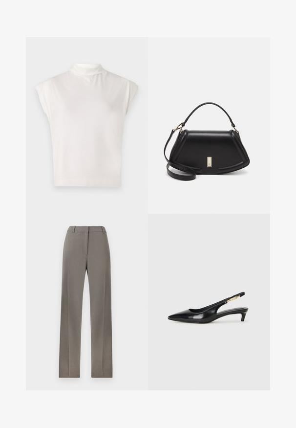 White sleeveless turtleneck top made of soft fabric, featuring a structured design with a smooth texture and subtle ribbed hem detail.; Grey tailored trousers with a straight leg design, flat front, and subtle texture. Soft fabric and standard waistband with belt loops.; Black leather slingback heels with a pointed toe, featuring a slim heel and a gold-tone accent on the adjustable strap. Smooth texture.; Black leather handbag with a structured design, featuring a cropped shape, top handle, and gold hardware accent. Adjustable shoulder strap included.