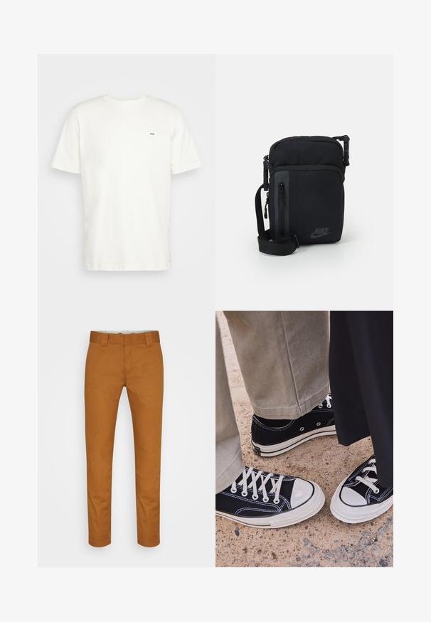 Witte katoenen t-shirt met ronde hals, korte mouwen en een klein zwart "W.W." logo op de linkerborst. Gladde textuur, reguliere pasvorm.; Bordeaux katoenen broek met een rechte pasvorm, voorzakken en een schone, gladde textuur. Bevat riemlussen en discrete stikseldetails.; Zwarte canvas sneakers met witte rubberen neuzen en veters. Contrasterende stiksels en metalen oogjes voegen detail toe. Gecombineerd met beige broek en zwarte stof.; Zwarte nylon schoudertas met ritscompartimenten, verstelbare schouderband en subtiele logodetail aan de voorkant. Gladde textuur en rechthoekige vorm.