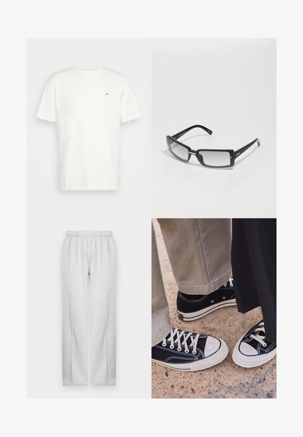 Camiseta de algodón blanca con cuello redondo, manga corta y un pequeño logo negro "W.W." en el lado izquierdo del pecho. Textura suave, corte regular.; Pantalones de chándal grises con cintura elástica, piernas rectas y costuras laterales sutiles. Hechos de una tela suave y ligera. Diseño minimalista.; Zapatillas de lona negras con punteras y cordones de goma blanca. Las costuras en contraste y los ojales de metal añaden detalle. Llevadas con pantalones beige y tela negra.; Gafas de sol rectangulares negras con lentes degradados, con un marco grueso y detalles metálicos en las varillas. Textura suave en toda su superficie.