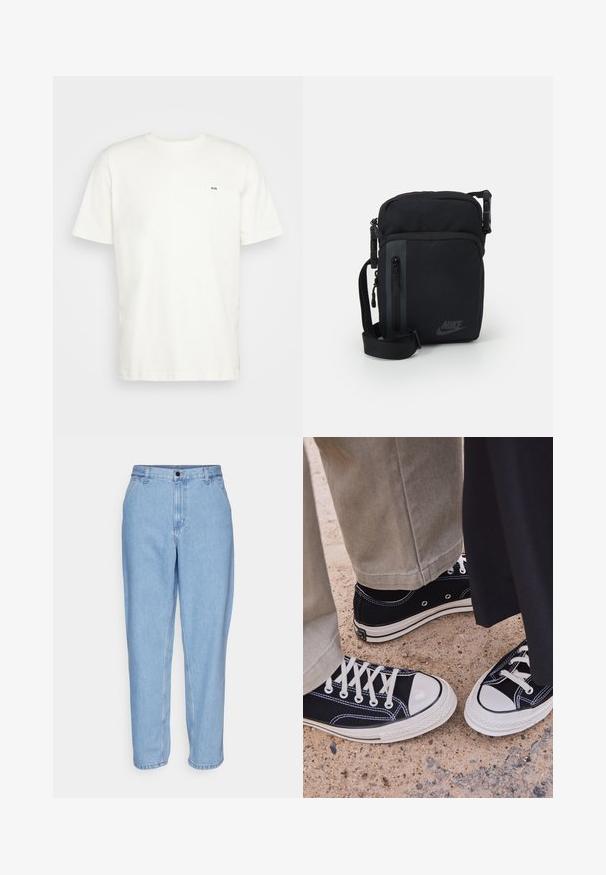 Hvit bomulls T-skjorte med rund hals, korte ermer, og en liten svart "W.W." logo på venstre bryst. Jevn tekstur, normal passform.; Lys blå denimjeans med avslappet passform, høy midje og rette ben. Har foran lommer og metallknapplukking.; Svarte kanvas sneakers med hvite gummitåhette og snøring. Kontraststing og metallinger legger til detaljer. Bært med beige bukser og svart stoff.; Svart nylon crossover-veske med glidelåsrom, justerbar stropp og subtil logo-detalj på framsiden. Glatt tekstur og rektangulær form.