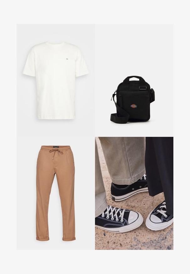 Bílá bavlněná tričko s kulatým výstřihem, krátkými rukávy a malým černým logem "W.W." na levé straně hrudi. Hladký povrch, klasický střih.; Béžové bavlněné kalhoty s páskem na stažení v pase, rovný střih, boční kapsy a manžetové nohavice. Hladký materiál, minimální zdobení.; Černé plátěné tenisky s bílými gumovými špičkami a tkaničkami. Protišvy a kovové očko dodávají detail. Nosené s béžovými kalhotami a černou látkou.; Černá crossbody taška se zipovou kapsou, obdélníkový tvar, vyrobená z látky, s logem na přední straně, nastavitelné ramenní popruhy.