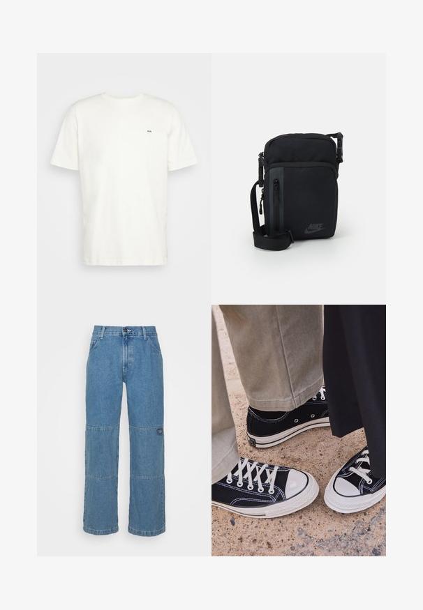 Valge puuvillane T-särk ümmarguse kaelusega, lühikeste varrukatega ja väikese musta "W.W." logoga vasakul rinnal. Sile tekstuur, regulaarne lõige.; Heledsinine teksapüksid, millel on mugav lõige, omaduseks on lapitööd, ülemine nupuvajutus, viis taskut ja peen bränding säärel.; Mustad musta kanvaasi sneakers, valgete kummist varbakatete ja paeltega. Kontrastne tikand ja metallist silmad lisavad detaile. Kantakse beežide pükstega ja musta kangaga.; Mustast nailonist valmistatud õlakott, millel on tõmblukkudega sektsioonid, reguleeritav rihm ja diskreetne logo esipanelil. Sile tekstuur ja ristkülikuline kuju.