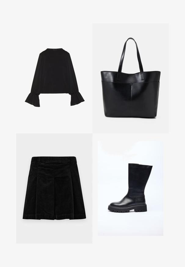 Top noir à manches longues avec des poignets évasés, texture douce et coupe décontractée, doté d'un col rond simple.; Jupe en velours côtelé noir avec un design plissé, dotée d'une coupe droite, d'une surface texturée et d'une taille élastique pour un ajustement sécurisé.; Botte noire en cuir jusqu'au genou avec une semelle épaisse, conçue avec une texture lisse, un bout arrondi et une silhouette minimaliste.; Sac fourre-tout en cuir noir avec deux longues poignées, une texture lisse et une forme structurée. Dispose d'une poche avant pour un rangement supplémentaire.