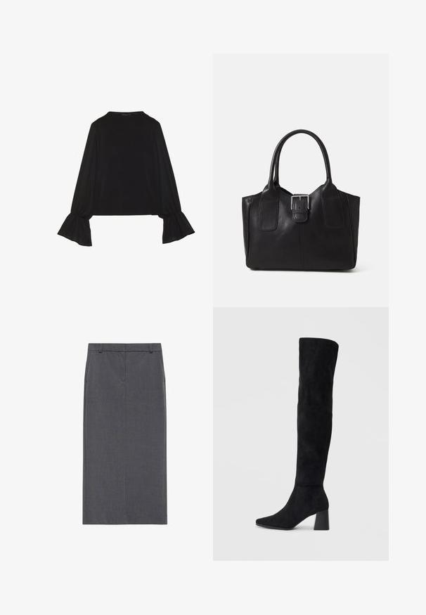 Sort langærmet top med flagrende manchetter, blød tekstur og en afslappet pasform, samt en enkel rund halsudskæring.; Grå blyantskirt, knælang, lavet af glat stof. Har et slankt fit med en flad talje og ingen synlige lukninger eller lommer.; Sorte ruskind støvler i knæhøjde med blokheel, spids tå og glat, sømløs design på en enkel lys baggrund.; Sort læder tote taske med glat tekstur, struktureret form, to håndtag og en fremtrædende sølvspænde detalje på forsiden.