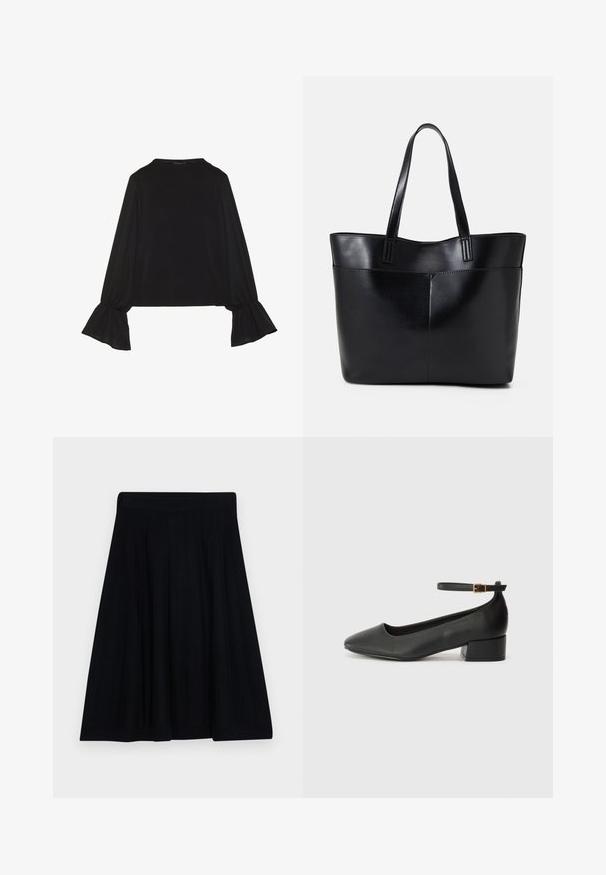 Top negru cu mânecă lungă, cu mansete evazate, textură moale și croială lejeră, având un guler rotund simplu.; Fustă neagră plisată cu o suprafață texturată, având un tiv lat și o siluetă A-line pentru o purtare confortabilă.; Pantof cu toc negru din piele, cu vârf ascuțit și toc mic pătrat. Dispune de o curea la gleznă cu o cataramă în tonuri de aur. Textură netedă.; Geantă oversized din piele neagră, cu două mânere lungi, de textură netedă și formă structurată. Are un buzunar frontal pentru stocare suplimentară.