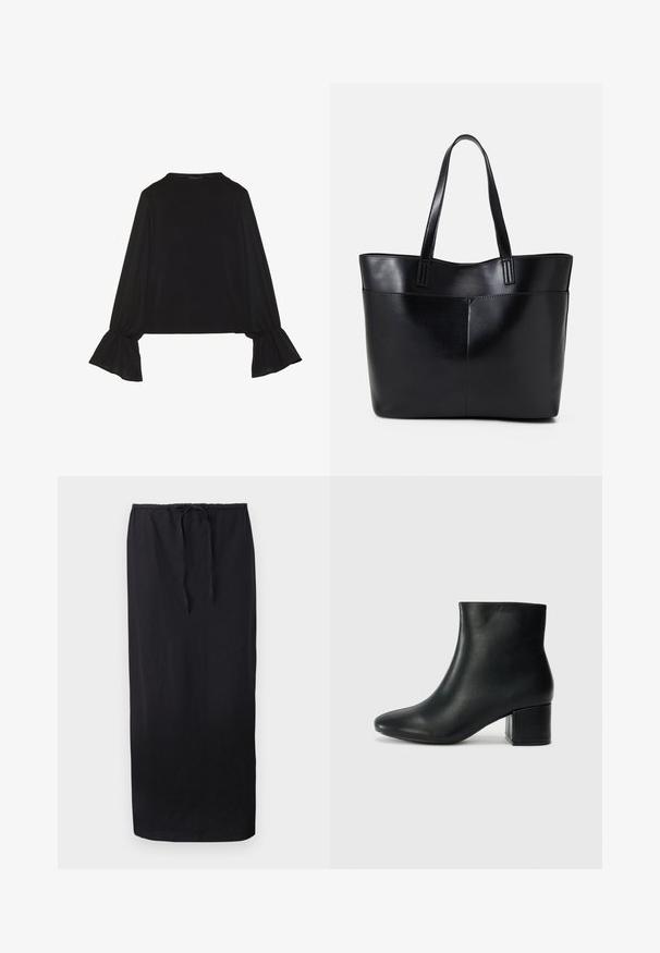 Black long-sleeve top featuring flared cuffs, soft texture, and a relaxed fit, with a simple round neckline.; Black, ankle-length skirt made of soft fabric; features an elastic waistband with a drawstring for adjustable fit. Simple, solid design.; Black leather ankle boots with a pointed toe and a chunky heel. Smooth texture with minimal accents and a sleek, fitted design.; Black leather tote bag with two long handles, a smooth texture, and a structured shape. Features a front pocket for additional storage.