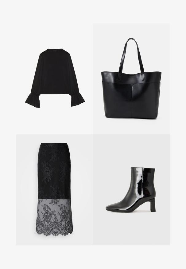 Black long-sleeve top featuring flared cuffs, soft texture, and a relaxed fit, with a simple round neckline.; Black lace skirt with a floral pattern, featuring a sheer lower section with scalloped hem, smooth waistband, and fitted silhouette.; Black patent leather ankle boot with a pointed toe and a mid-height block heel. Smooth texture and minimalist design.; Black leather tote bag with two long handles, a smooth texture, and a structured shape. Features a front pocket for additional storage.