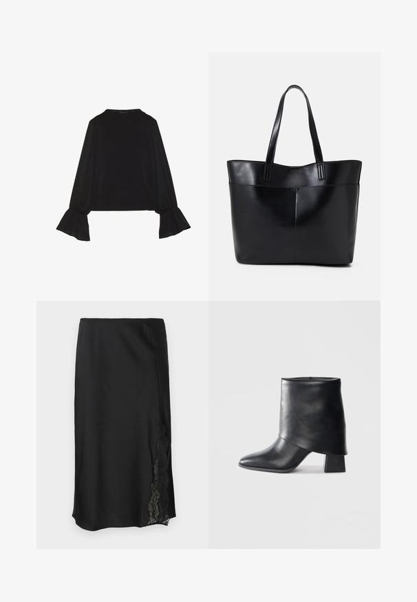 Top noir à manches longues avec des poignets évasés, texture douce et coupe décontractée, doté d'un col rond simple.; Jupe en satin noir avec une texture lisse, ornée d'une dentelle sur un côté et d'un ourlet droit. Taille élastique pour un ajustement flexible.; Bottine en cuir noir à bout pointu, texture lisse et talon bloc structuré. Elle se distingue par un design de revers haut et plié.; Sac fourre-tout en cuir noir avec deux longues poignées, une texture lisse et une forme structurée. Dispose d'une poche avant pour un rangement supplémentaire.