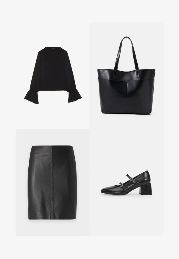 Černý top s dlouhými rukávy, který má rozšířené manžety, jemnou texturu a volný střih, s jednoduchým kulatým výstřihem.; Černá kožená sukně s přiléhavým střihem a hladkou texturou, vybavená středovým švem vpředu a čistým, minimalistickým siluetou.; Černé lakované kožené Mary Jane boty s špičatou špičkou, dvěma nastavitelými řemínky a chunky blokovým podpatkem. Hladký povrch a lesklý povrch.; Černá kožená taška s dlouhými ušima, hladkým povrchem a strukturovaným tvarem. Obsahuje přední kapsu pro další úložný prostor.