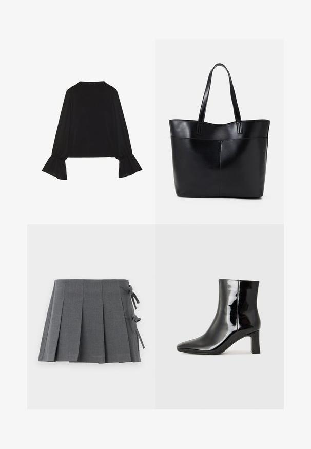 Zwarte langemouwen top met uitlopende manchetten, een zachte textuur en een relaxed fit, met een eenvoudige ronde halslijn.; Grijze geplooide rok met een tailleband met strik, vervaardigd uit textuurstof, met een nette afwerking en zonder zichtbare hardware.; Zwarte gepolijste leren enkellaars met een spitse neus en een blokhak van gemiddelde hoogte. Glad textuur en minimalistisch ontwerp.; Zwarte leren tote bag met twee lange handvatten, een zachte textuur en een gestructureerde vorm. Voorzien van een voorvak voor extra opslagruimte.