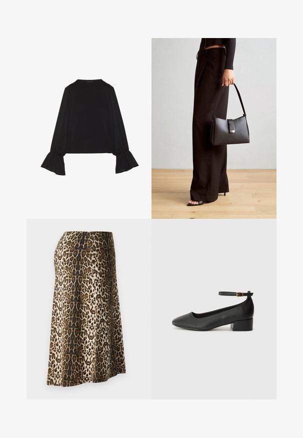 Top negru cu mânecă lungă, cu mansete evazate, textură moale și croială lejeră, având un guler rotund simplu.; Fustă cu imprimeu leopardi, cu o textură moale și fină; culorile includ bej, negru și maro; lungime până la gleznă, cu o talie ajustată.; Pantof cu toc negru din piele, cu vârf ascuțit și toc mic pătrat. Dispune de o curea la gleznă cu o cataramă în tonuri de aur. Textură netedă.; Genți negre cu o formă structurată, textură netedă și un închizător metalic. Asortată cu pantaloni negri largi și sandale cu vârf deschis pe un podea din lemn.