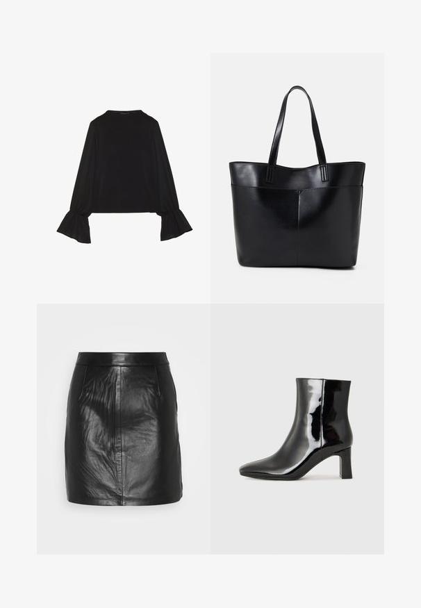 Svart långärmad topp med utställda ärmslut, mjuk textur och avslappnad passform, med en enkel rund halsringning.; Svart läder minikjol med en slät yta, åtsittande siluett, två sidofickor och midjeband utan synlig hårdvara.; Svart lackläder ankelboot med spetsig tå och en medelhög klack. Slät textur och minimalistisk design.; Svart läder tote-väska med två långa handtag, en slät yta och en strukturerad form. Har en framficka för extra förvaring.