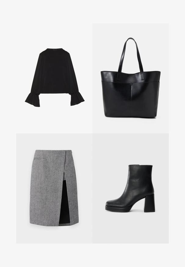 Črn dolg rokav vrh z razširjenimi manšetami, mehko teksturo in sproščenim krojem, z preprostim okroglim izrezom.; Siva krpa s hounds-tooth vzorcem z obrezanim rezom, krojenega prilega in dvema vstavljenima žepoma. Narejena iz teksturiranega materiala za strukturen videz.; Črne usnjene gležnjarje z blok peto in platformo, prikazane s strani na enobarvni beli podlagi.; Črna usnjena torba z dvema dolgima ročajema, gladko teksturo in strukturirano obliko. Ima sprednji žep za dodatno shranjevanje.
