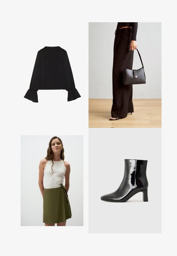 Czarny top z długim rękawem, z rozkloszowanymi mankietami, miękką fakturą i luźnym krojem, z prostym okrągłym dekoltem.; Biały prążkowany top na ramiączkach w połączeniu z oliwkowo-zieloną spódnicą w stylu owijanym do kolan, z wiązaniem w talii. Gładki, lekki materiał.; Czarne lakierowane botki za kostkę z wysmukłym noskiem i średniej wysokości obcasem w kształcie słupka. Gładka tekstura i minimalistyczny design.; Czarna torebka o usztywnionym kształcie, gładkiej fakturze i metalowym zapięciem. Połączona z szerokimi czarnymi spodniami i sandałami na otwartym palcu na drewnianej podłodze.
