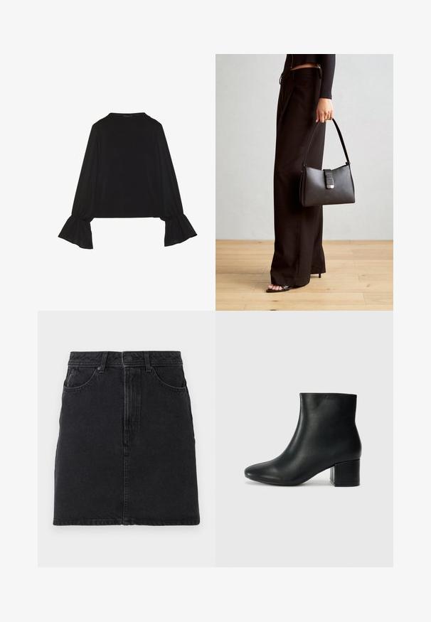 Top noir à manches longues avec des poignets évasés, texture douce et coupe décontractée, doté d'un col rond simple.; Jupe en denim noir au cut droit, dotée d'une fermeture à boutons et à glissière sur le devant, de deux poches avant et de détails de couture simples.; Bottines en cuir noir avec un bout pointu et un talon épais. Texture lisse avec des accents minimalistes et un design élégant et ajusté.; Sac à main noir à la forme structurée, texture lisse et fermoir métallique. Associé à un pantalon noir ample et des sandales ouvertes sur un sol en bois.