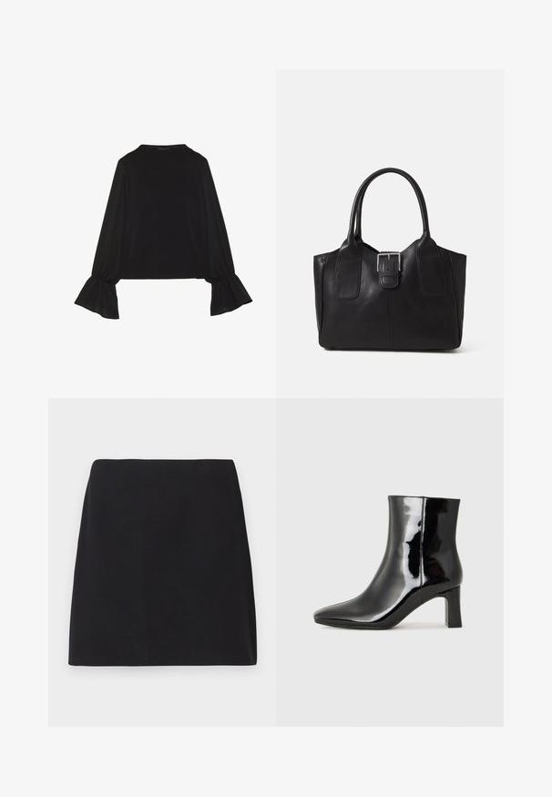 Juoda ilgomis rankovėmis palaidinė su išsiplėtusiais rankogaliais, minkšta tekstūra ir laisva forma, su paprastu apvaliu kaklu.; Juodas mini sijonas, tiesaus kirpimo, lygios audinio tekstūros, be matomų raštų ar puošmenų, švarūs kraštai, be aksesuarų. Paprastas dizainas.; Juodos lakuotos odinės aulinukės su smailiu pirštu ir vidutinio aukščio blokuotu kulnu. Lygus paviršius ir minimalistinis dizainas.; Juodas odinis nešiojamas krepšys su lygiu paviršiumi, struktūrine forma, dviem rankenėlėmis ir ryškiu sidabriniu sagties akcentu priekyje.