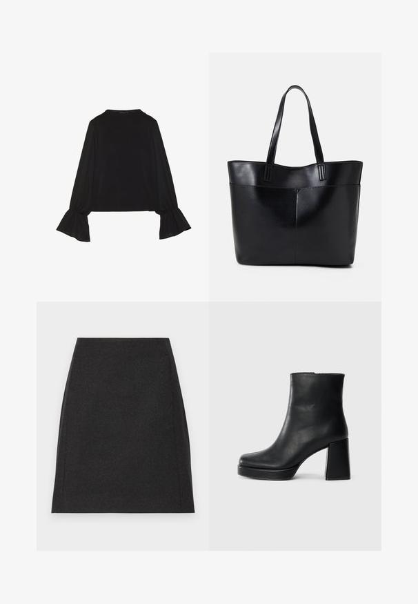 Melna garām piedurknēm krekls ar izplestu aproču, maigu tekstūru un brīvu piegriezumu, ar vienkāršu apaļu dekoltē.; Melna vilnas mini svārki ar taisnu siluetu, gludu tekstūru un smalkām sānu šuvēm. Nav redzamu aizdaru vai rakstu.; Melna ādas potīšu zābaku ar bloku papēdi un platformas zoli, skatīts no sāna uz vienkārša balta fona.; Melnas ādas iepirkumu soma ar divām garām rokturām, gludu tekstūru un strukturētu formu. Iekļauj priekšējo kabatu papildu uzglabāšanai.