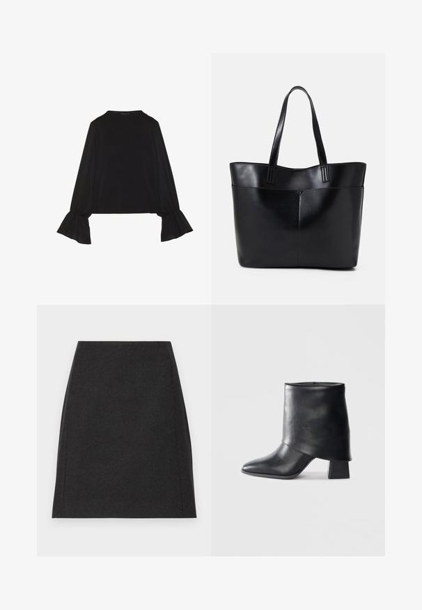 Fekete, hosszú ujjú felső, harang alakú mandzsettákkal, puha textúrával és laza szabással, egyszerű, kerek nyakkivágással.; Fekete gyapjú miniszoknya egyenes vonalvezetéssel, sima textúrával és diszkrét oldalsó varrásokkal. Nincsenek látható záródások vagy minták.; Fekete bőr bokacsizma, hegyes orral, sima felülettel és strukturált blokk sarokkal. Magas, hajtott szegéllyel rendelkezik.; Fekete bőr bevásárlótáska két hosszú fogantyúval, sima felülettel és strukturált formával. Elülső zseb található rajta a plusz tárolás érdekében.