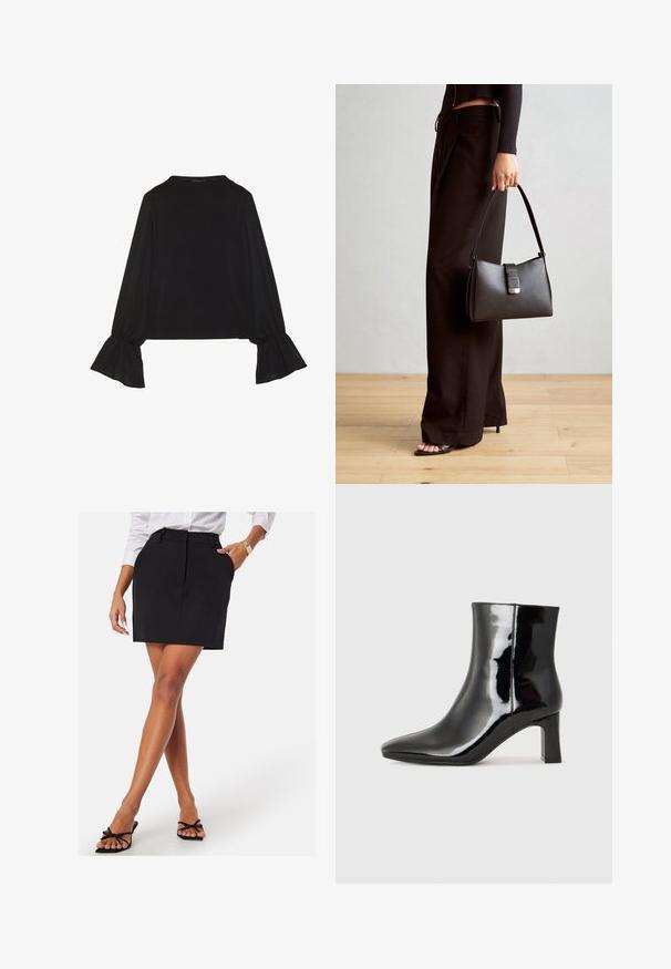 Zwarte langemouwen top met uitlopende manchetten, een zachte textuur en een relaxed fit, met een eenvoudige ronde halslijn.; Zwarte minirok met voorplooien, op maat gemaakte pasvorm en lussen voor een riem; gecombineerd met zwarte sandaaltjes met bandjes en een wit overhemden.; Zwarte gepolijste leren enkellaars met een spitse neus en een blokhak van gemiddelde hoogte. Glad textuur en minimalistisch ontwerp.; Zwarte handtas met gestructureerde vorm, gladde textuur en een metalen sluiting. Gecombineerd met brede zwarte broeken en sandalen met open teen op een houten vloer.