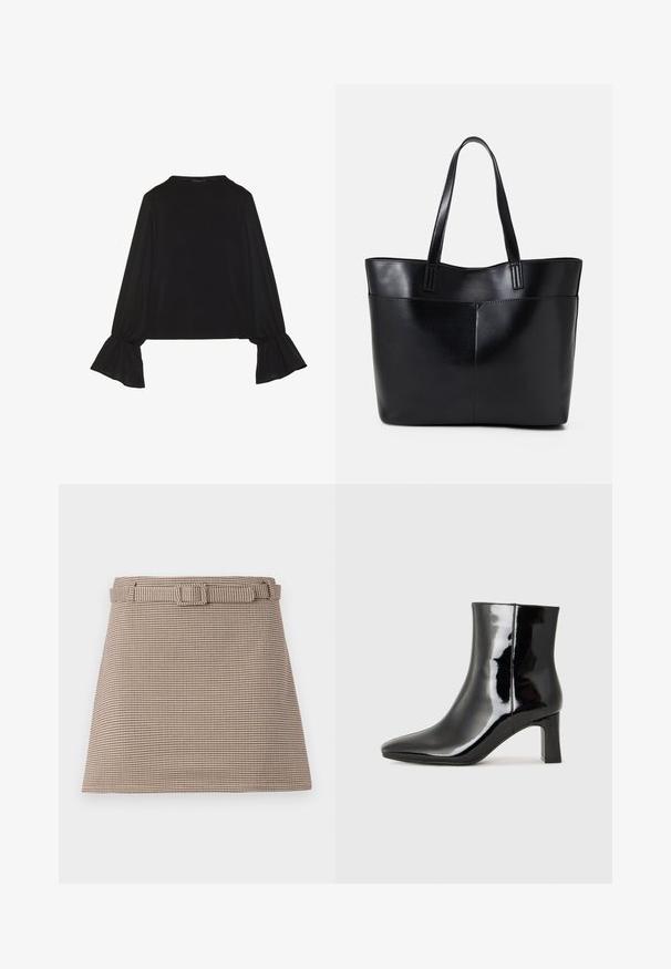 Čierny top s dlhými rukávmi, flitrovanými manžetami, mäkkou textúrou a voľným strihom, s jednoduchým okrúhlym výstrihom.; Hnedé a béžové šortky s motívom houndstooth, s opaskom, čistými líniami, prispôsobenou štruktúrou a hladkou textúrou látky.; Čierne lakované členkové topánky s špicatou špičkou a stredne vysokým blokovým podpätkom. Hladká textúra a minimalistický dizajn.; Čierna kožená tote taška s dvoma dlhými rúčkami, hladkým povrchom a štruktúrovaným tvarom. Obsahuje prednú kapsu pre dodatočné uskladnenie.