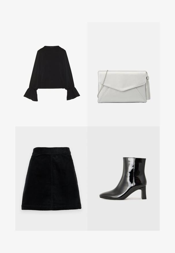 Top negru cu mânecă lungă, cu mansete evazate, textură moale și croială lejeră, având un guler rotund simplu.; Fustă din bumbac corduros de culoare neagră, cu talie ajustată, croi drept și țesătură texturată cu nervuri verticale. Fără închideri sau accesorii vizibile.; Botine negre din piele lacuită, cu vârful ascuțit și toc bloc de înălțime medie. Textură netedă și design minimalist.; Geantă plic din piele sintetică argintie cu un design tip plic, curea din lanț și un detaliu cu franjuri pe o parte, având cusături unghiulare.