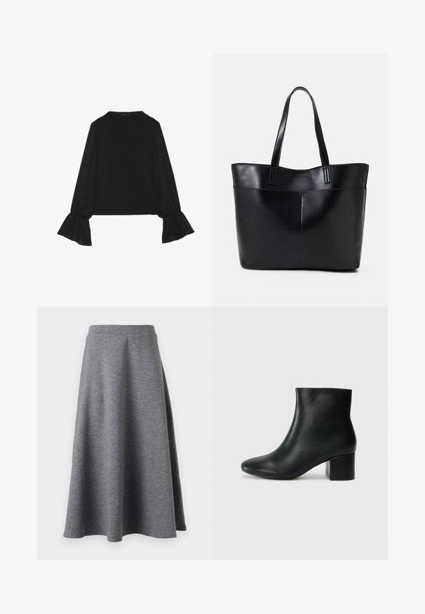 Sort langærmet top med flagrende manchetter, blød tekstur og en afslappet pasform, samt en enkel rund halsudskæring.; Grå, knælang nederdel lavet af blødt, strækbart materiale, med en lækker design og en elastisk talje for komfort.; Sorte læder ankelstøvler med spids tå og en kraftig hæl. Glat tekstur med minimale detaljer og et slankt, tætsiddende design.; Sort læder tote taske med to lange håndtag, en glat tekstur og en struktureret form. Har en forlommem for ekstra opbevaring.