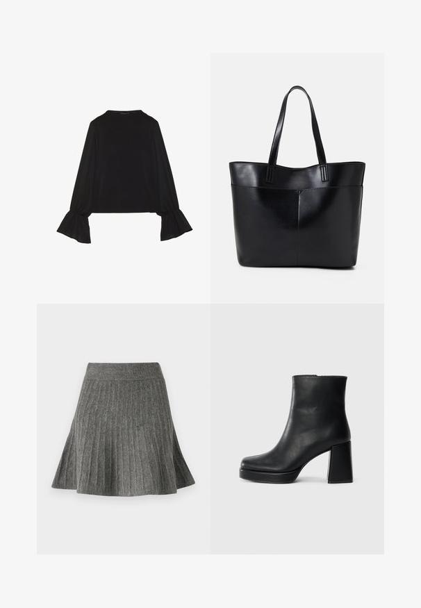 Svart långärmad topp med utställda ärmslut, mjuk textur och avslappnad passform, med en enkel rund halsringning.; Grå, veckad kjol i mjukt material. Har ett ribbat midjeband och en utställd form, vilket ger ett strukturerat utseende.; Svart läderankelboot med blockklack och platåsula, sedd från sidan på en enkel vit bakgrund.; Svart läder tote-väska med två långa handtag, en slät yta och en strukturerad form. Har en framficka för extra förvaring.