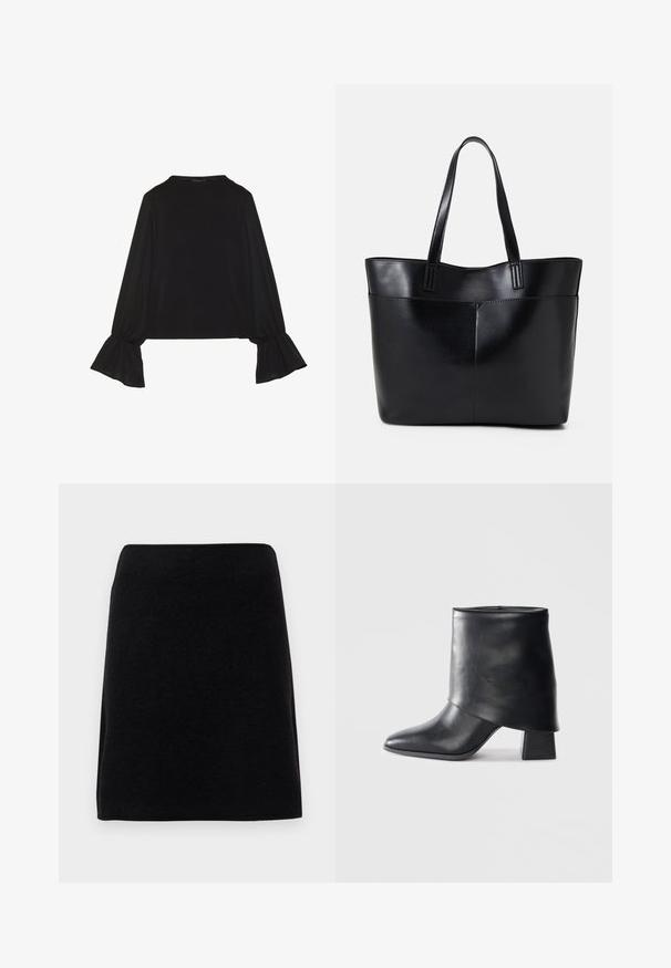 Schwarz langärmliges Oberteil mit ausgestellt geschnittenen Bündchen, weicher Textur und entspannter Passform, mit einem schlichten runden Halsausschnitt.; Schwarzer Minirock aus weichem Material, mit geradem Schnitt und nahtlosem Bund, ohne sichtbare Verschlüsse oder Muster.; Schwarze Lederstiefelette mit spitzer Zehenform, glatter Oberfläche und strukturiertem Blockabsatz. Mit einem hohen, gefalteten Schaftdesign.; Schwarze Leder-Shopper-Tasche mit zwei langen Griffen, einer glatten Textur und einer strukturierten Form. Verfügt über eine Vordertasche für zusätzlichen Stauraum.