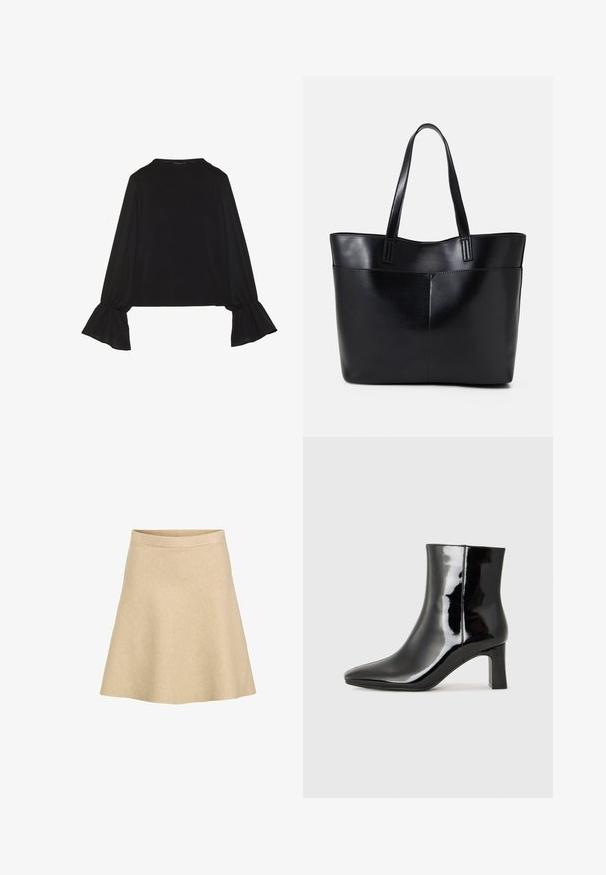 Zwarte langemouwen top met uitlopende manchetten, een zachte textuur en een relaxed fit, met een eenvoudige ronde halslijn.; Een beige, uitlopende rok gemaakt van een textiel met structuur, met een hoge taille en een gladde zoom, ontworpen voor een eenvoudige en schone silhouette.; Zwarte gepolijste leren enkellaars met een spitse neus en een blokhak van gemiddelde hoogte. Glad textuur en minimalistisch ontwerp.; Zwarte leren tote bag met twee lange handvatten, een zachte textuur en een gestructureerde vorm. Voorzien van een voorvak voor extra opslagruimte.