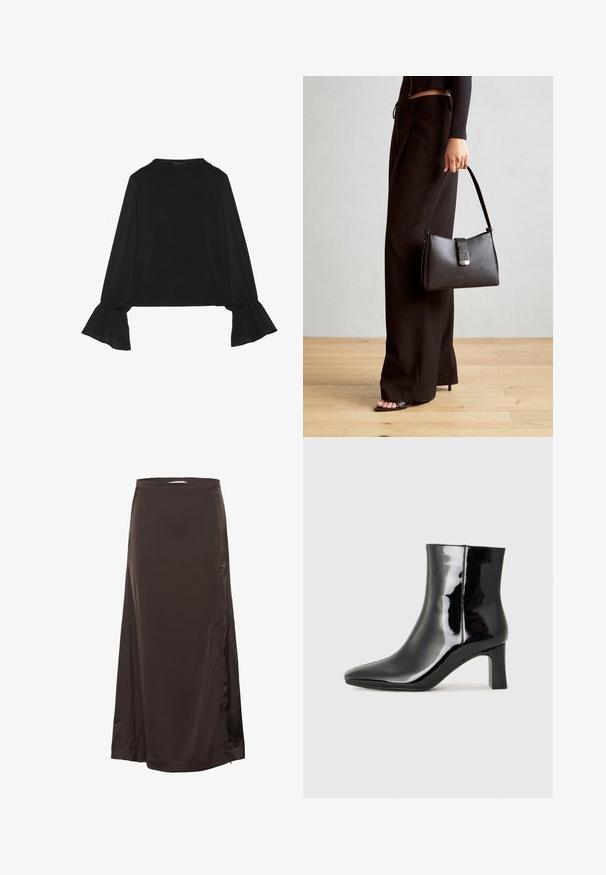 Top negru cu mânecă lungă, cu mansete evazate, textură moale și croială lejeră, având un guler rotund simplu.; Fustă lungă din satin de culoare maro închis, cu talie ajustată și o fanta discretă pe lateral, textură netedă și un ușor luciu.; Botine negre din piele lacuită, cu vârful ascuțit și toc bloc de înălțime medie. Textură netedă și design minimalist.; Genți negre cu o formă structurată, textură netedă și un închizător metalic. Asortată cu pantaloni negri largi și sandale cu vârf deschis pe un podea din lemn.