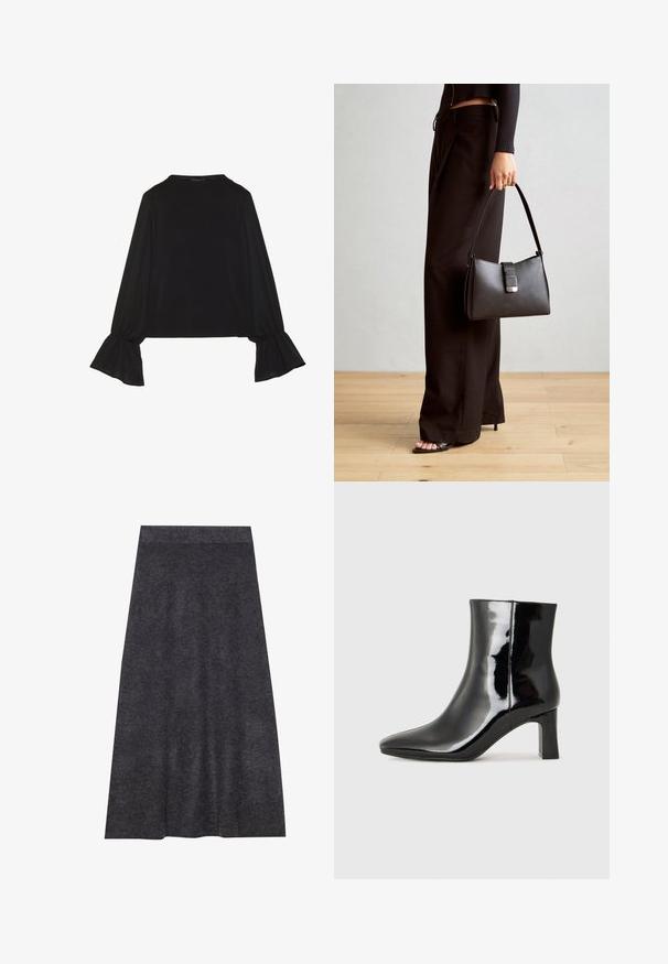 Black long-sleeve top featuring flared cuffs, soft texture, and a relaxed fit, with a simple round neckline.; Dark gray, knee-length knit skirt with a smooth texture and a waistband. A-line silhouette with even hem, designed for comfort and versatility.; Black patent leather ankle boot with a pointed toe and a mid-height block heel. Smooth texture and minimalist design.; Black handbag with structured shape, smooth texture, and a metallic clasp. Paired with wide black pants and open-toe sandals on wooden floor.