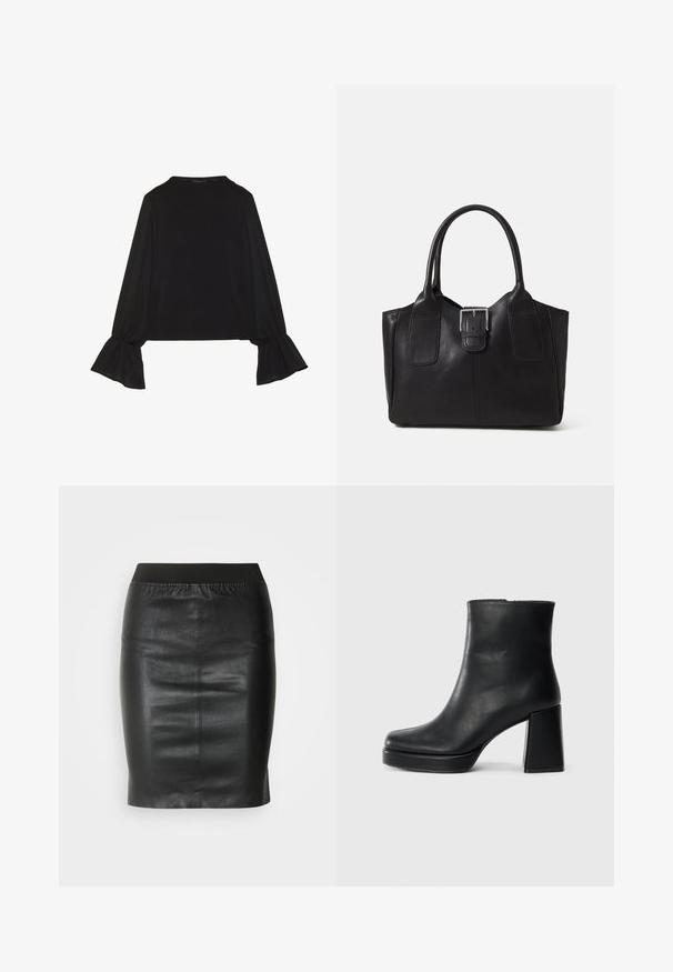 Juoda ilgomis rankovėmis palaidinė su išsiplėtusiais rankogaliais, minkšta tekstūra ir laisva forma, su paprastu apvaliu kaklu.; Juoda pieštuko sijonas, pagamintas iš lygaus odos, su elastiniu juosmeniu, suteikiančiu prigludusią siluetą ir minimalizmo dizainą.; Juodas odinis kulkšninis botas su bloku ir platformos padu, matomas šoniniu vaizdu ant balto fono.; Juodas odinis nešiojamas krepšys su lygiu paviršiumi, struktūrine forma, dviem rankenėlėmis ir ryškiu sidabriniu sagties akcentu priekyje.