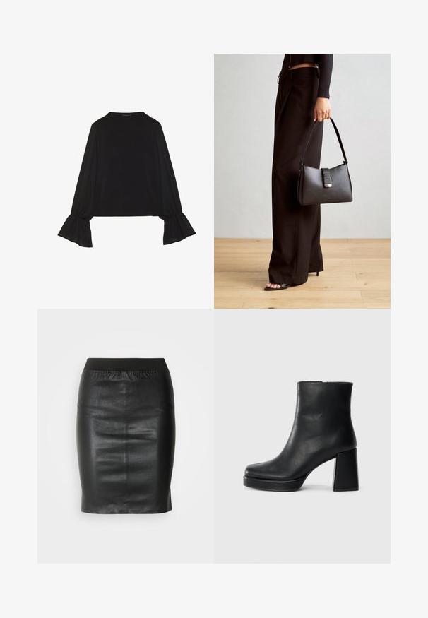 Černý top s dlouhými rukávy, který má rozšířené manžety, jemnou texturu a volný střih, s jednoduchým kulatým výstřihem.; Černá tužková sukně vyrobená z hladké kůže, s elastickým pasem pro přiléhavý střih a minimalistický design.; Černý kožený kotníkový bot s blokovým podpatkem a platformou, viděný z boku na jednoduchém bílém pozadí.; Černá kabelka se strukturovaným tvarem, hladkým povrchem a kovovým uzávěrem. Kombinována s širokými černými kalhotami a sandály s otevřenou špičkou na dřevěné podlaze.