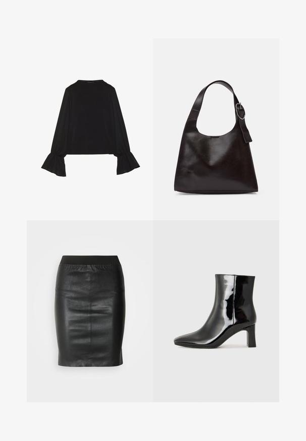 Svart langermet topp med utsvingte mansjetter, myk tekstur og avslappet passform, med enkel rund hals.; Svart blyantskjørt laget av glatt lær, med elastisk midjebånd for en tettsittende silhuett og minimalistisk design.; Sorte patentlær ankle boot med spiss tå og en mellomhøy blokkhelt. Glatt tekstur og minimalistisk design.; Brun lærveske med en glatt tekstur, rund form, bred stropp og sirkelformet metallaccent på håndtaket.