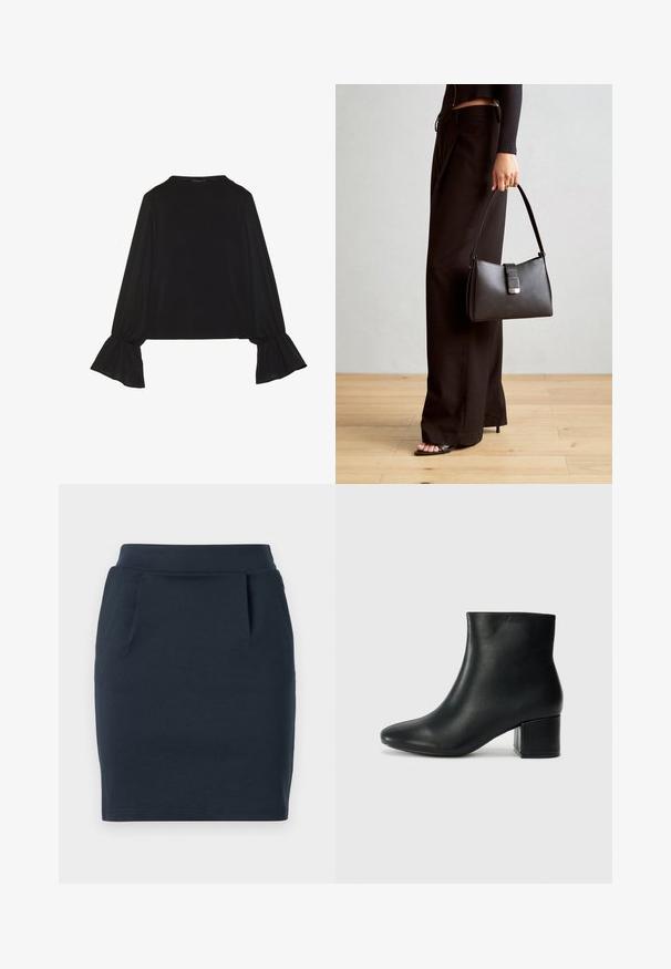 Črn dolg rokav vrh z razširjenimi manšetami, mehko teksturo in sproščenim krojem, z preprostim okroglim izrezom.; Mornarsko modra tinkalna jerseyeva krila s prilegajočo silhueto, ki ima gladko pasnico in dva sprednja žepa.; Črne usnjene gležnjarje s koničastim nosom in debelim peto. Gladka tekstura z minimalnimi detajli in eleganten, prilegajoč dizajn.; Črna torbica z strukturirano obliko, gladko teksturo in kovinskim zaponko. Ujemajo se z širokimi črnimi hlačami in odprtimi sandali na lesenem tleh.